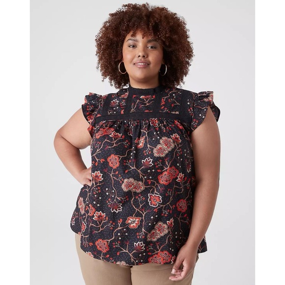 Lane Bryant  Ruffle Cap-Sleeve Lace-Trim Top Floral Print Sz 22 Women's Plus - Picture 1 of 7